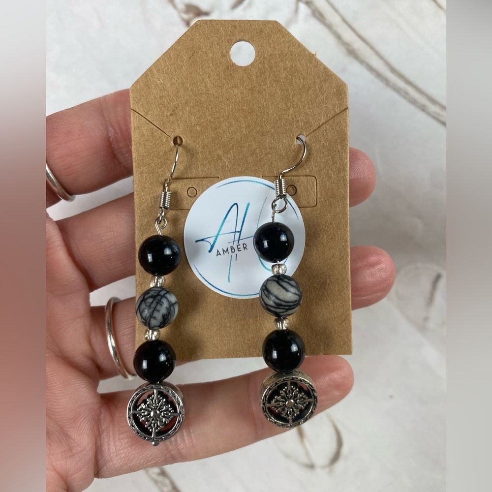 Black Obsidian & Black Network Agate Beaded Dangle Earrings with Silver Accents